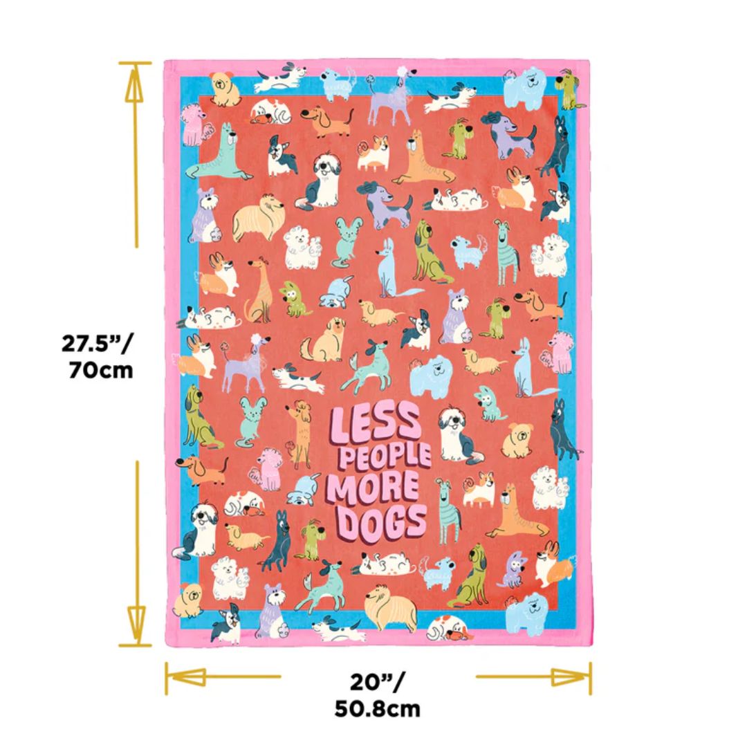 Dog-themed blanket with various dog illustrations and dimensions on a white background