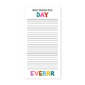 A vertical lined notepad with the words 'MOST PRODUCTIVE DAY' at the top and 'EVERRR' at the bottom, all in colorful lettering on a white background.