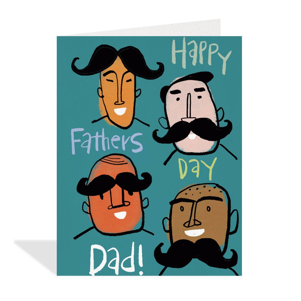 Teal greeting card featuring colourful cartoon illustrations by Carlos Aponte of four stylized faces of dads with prominent black moustaches and smiling white teeth. The text "Happy" is written in light blue at the top right, "Fathers" in lavender to the left, "Day" in yellow to the right, and "Dad!" in white at the bottom left.