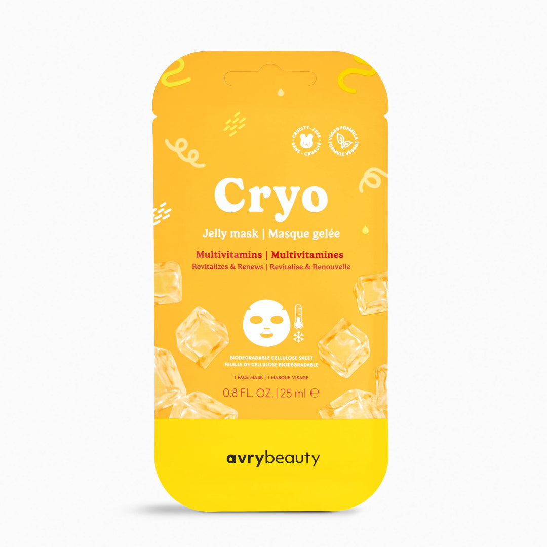 Yellow packaging of a Cryo jelly mask by avry beauty on a white background
