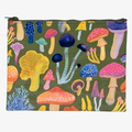 A green zippered pouch covered in a colorful mushroom pattern. The mushrooms are in various shapes, sizes, and colors, with some featuring dots or stripes.