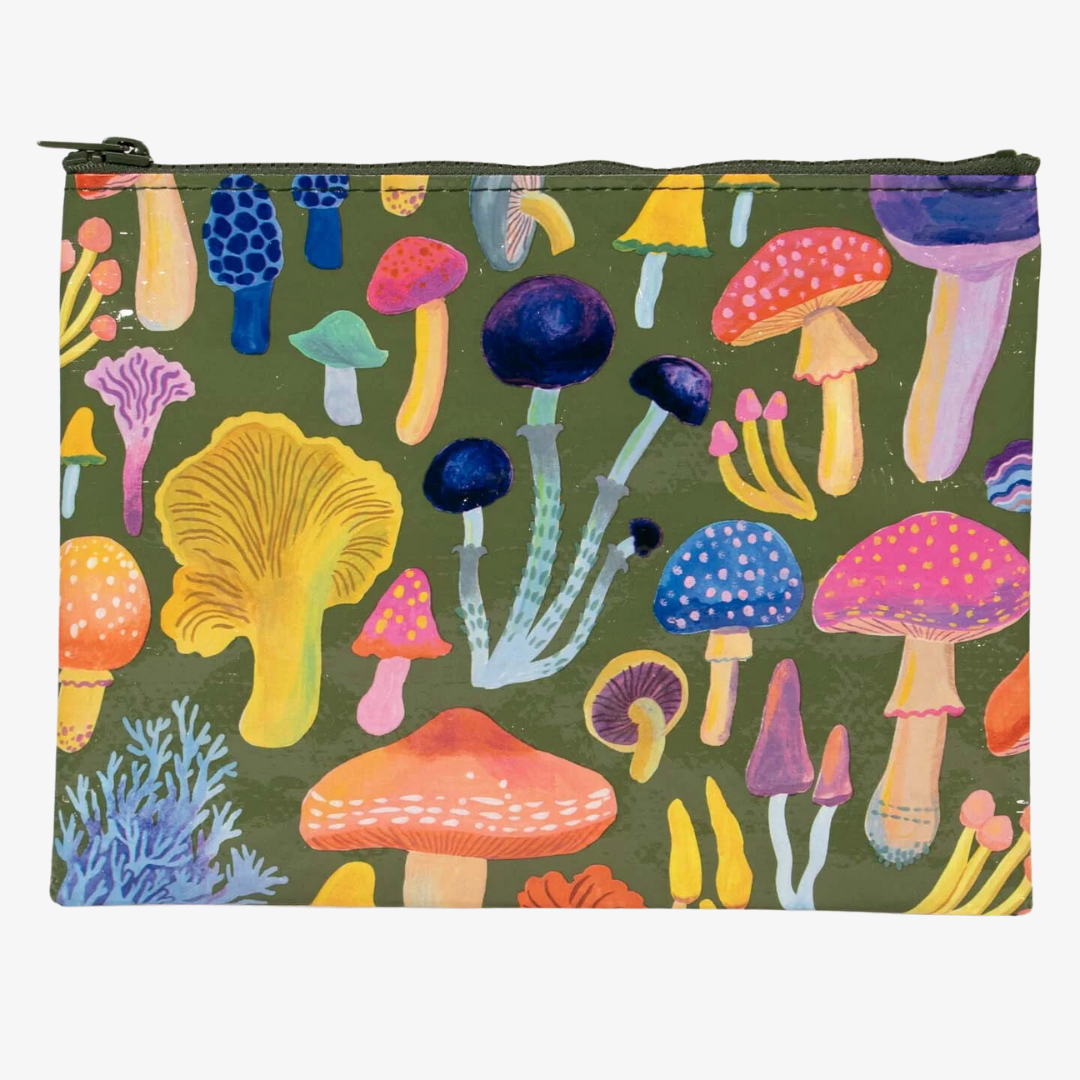 A green zippered pouch covered in a colorful mushroom pattern. The mushrooms are in various shapes, sizes, and colors, with some featuring dots or stripes.