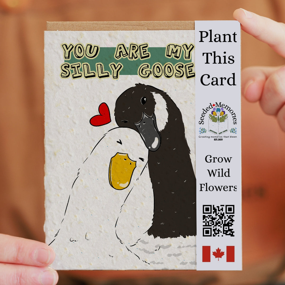 Card with cartoon geese and text 'You are my silly goose' held by a person.