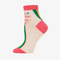 A pair of white ankle socks with a playful design. The socks have a rainbow stripe pattern and the text 