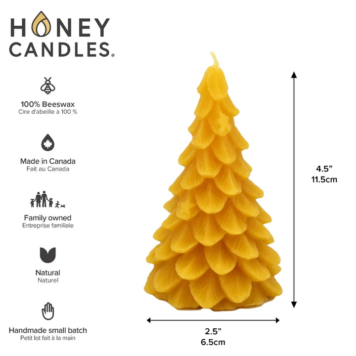 A yellow, beeswax candle shaped like a Christmas tree. The candle has detailed branches and a pointed top.