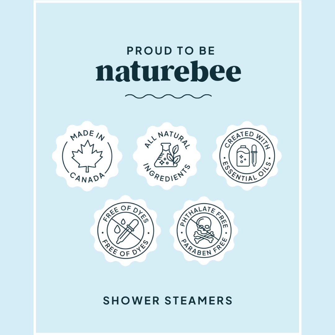 Naturebee shower steamers packaging with certification icons on a light blue background