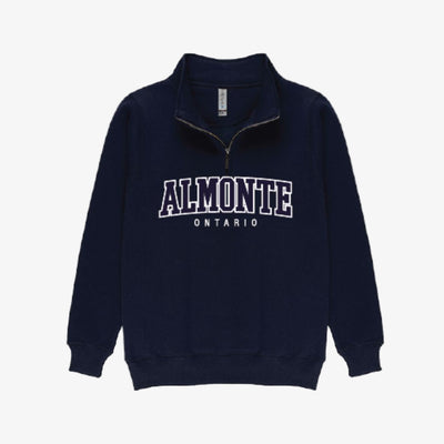 Navy blue sweatshirt with 'Almonte Ontario' text on a white background