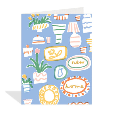 Light blue greeting card featuring colourful and whimsical illustrations by Letterbox Lane of various household items such as lamps, plants, bowls, cups, and a sugar jar, along with ovals containing the words 