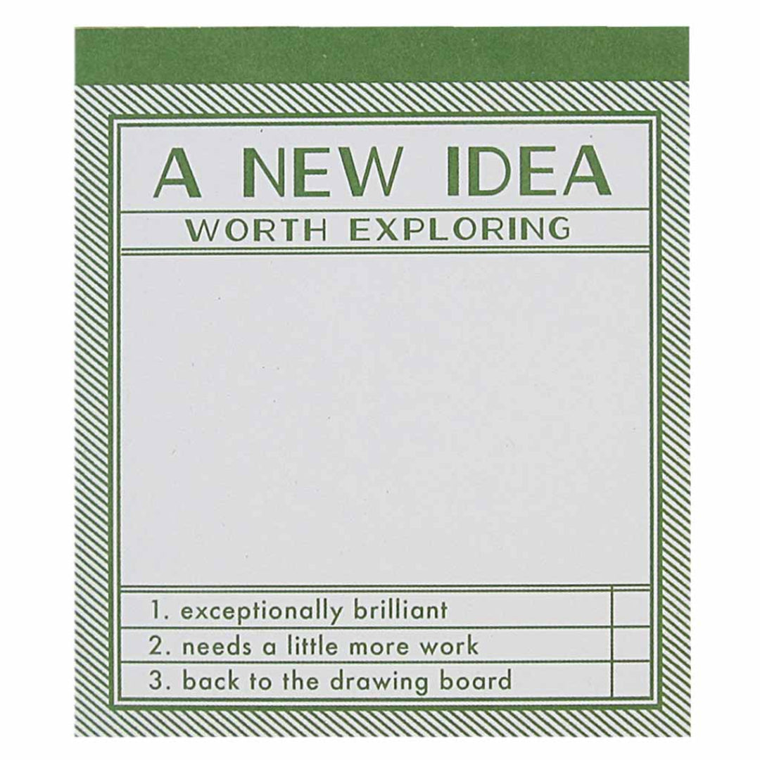 A green and white notepad titled "A NEW IDEA WORTH EXPLORING". It has a large blank space for writing and a section at the bottom with checkboxes for "1. exceptionally brilliant", "2. needs a little more work", and "3. back to the drawing board".