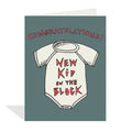 Greeting card with a baby onesie illustration and text on a blue background