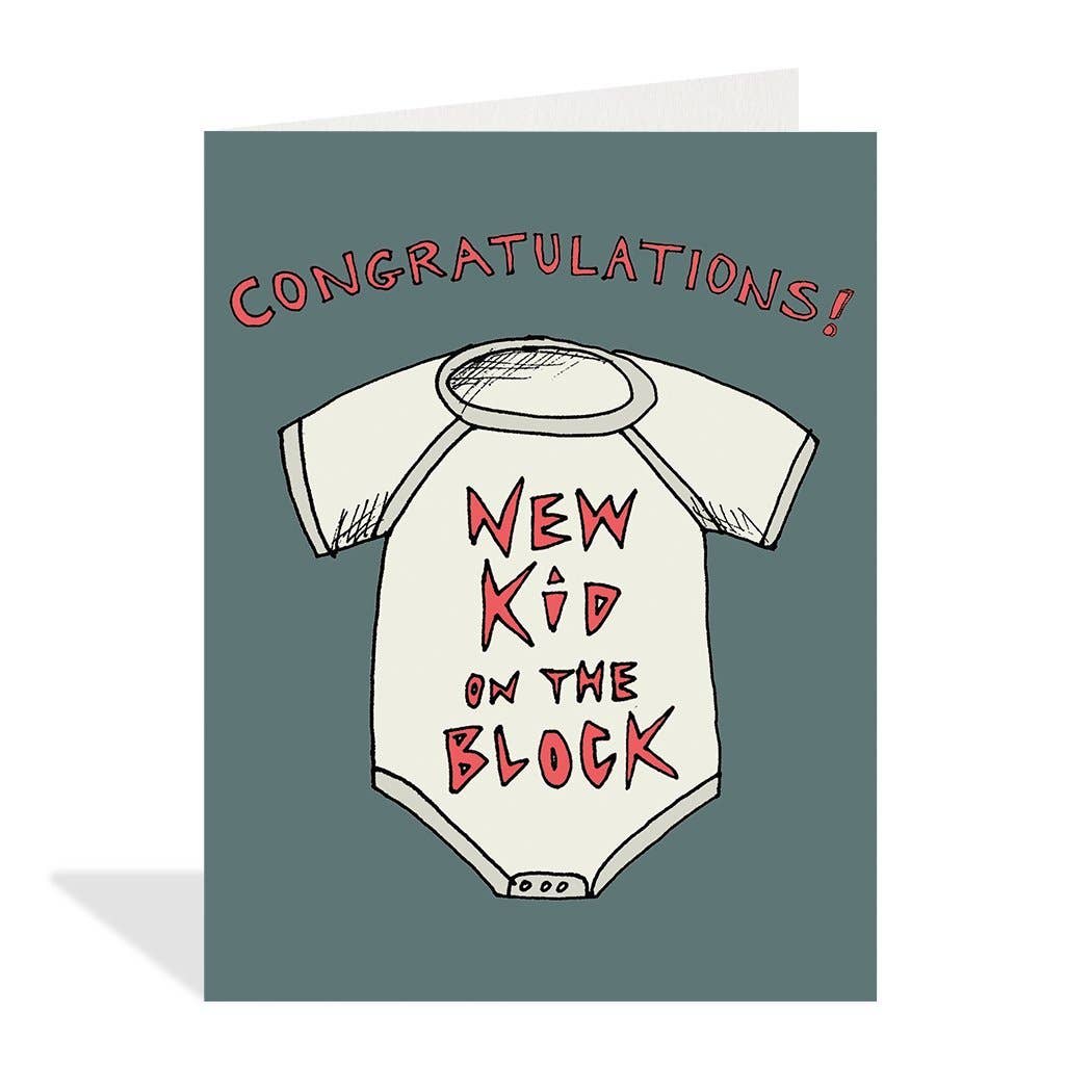 Greeting card with a baby onesie illustration and text on a blue background