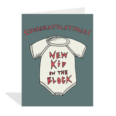 Greeting card with a baby onesie illustration and text on a blue background
