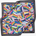 A black bandana featuring a pattern of overlapping Pride flags in various colors and designs. The flags include the classic rainbow flag, the transgender flag, and the bisexual flag.