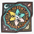 A black bandana with a mystical pattern. The pattern features a Ouija board design with hands pointing to letters and numbers, along with celestial symbols like moons and stars.