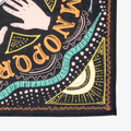 A black bandana with a mystical pattern. The pattern features a Ouija board design with hands pointing to letters and numbers, along with celestial symbols like moons and stars.