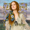 Woman with floral scarf and dress against a stylized floral background