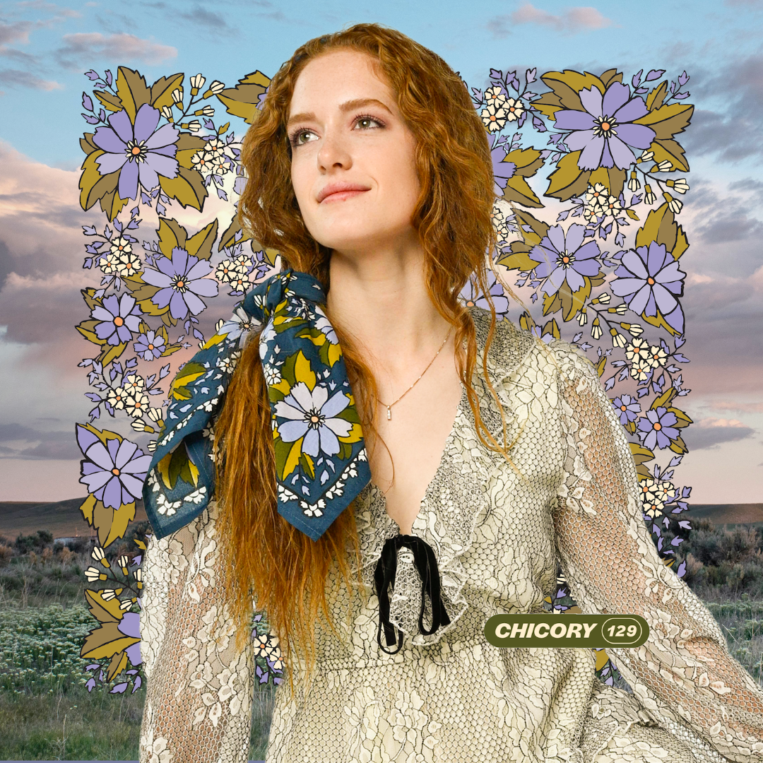 Woman with floral scarf and dress against a stylized floral background