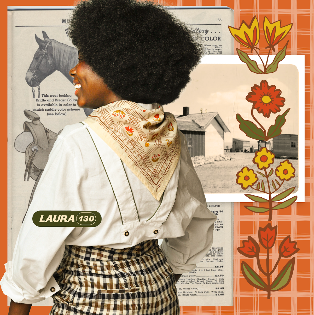 Woman wearing a patterned scarf with a vintage newspaper and floral design in the background