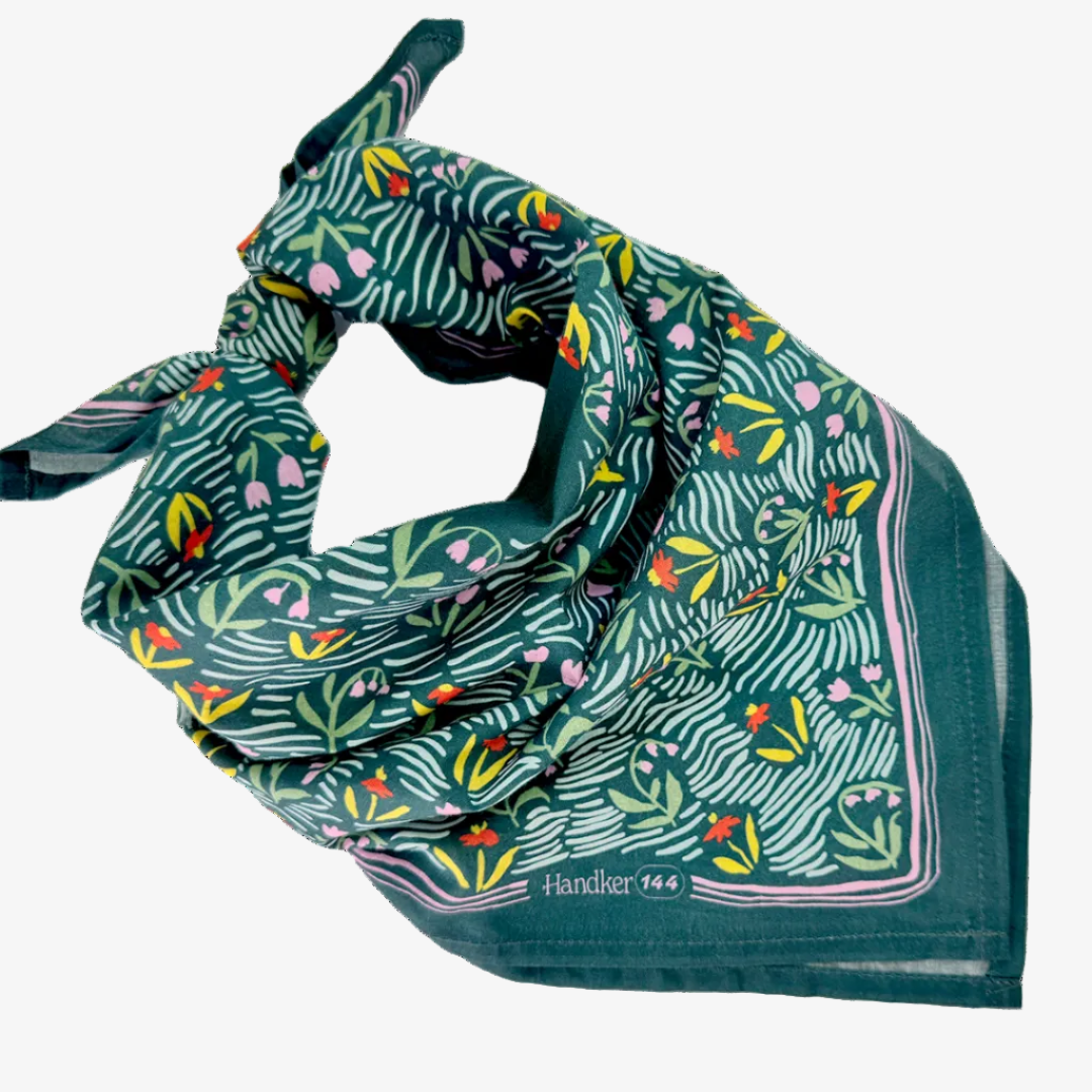 Green floral patterned handkerchief on a white background