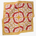 Floral patterned fabric with red, pink, and white flowers on a yellow background