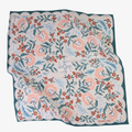 Floral patterned fabric with pink and blue flowers on a white background