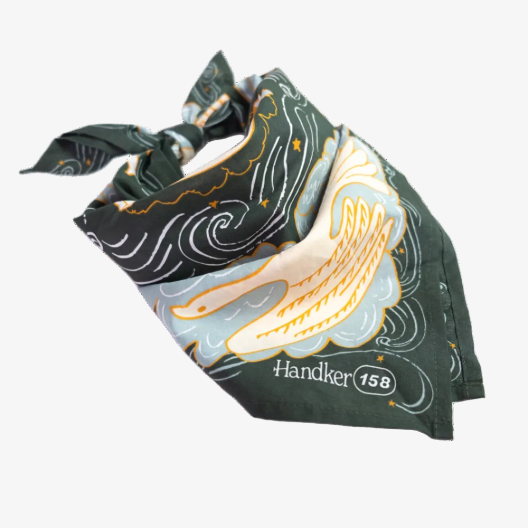 Handkerchief with whale design and 'Handker 158' branding on a white background