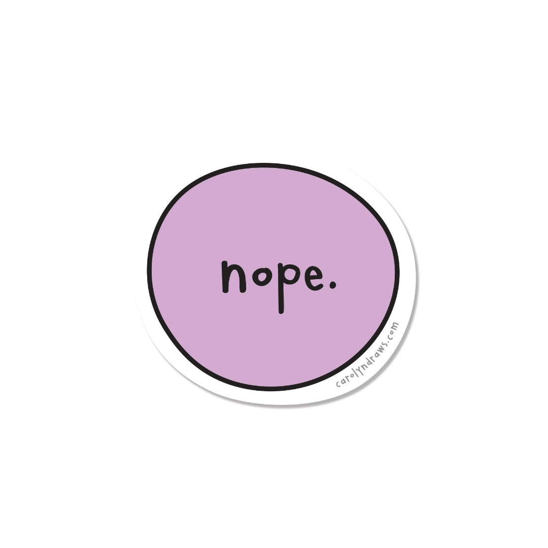 Round sticker with the word 'hope.' on a purple circle with a white border.