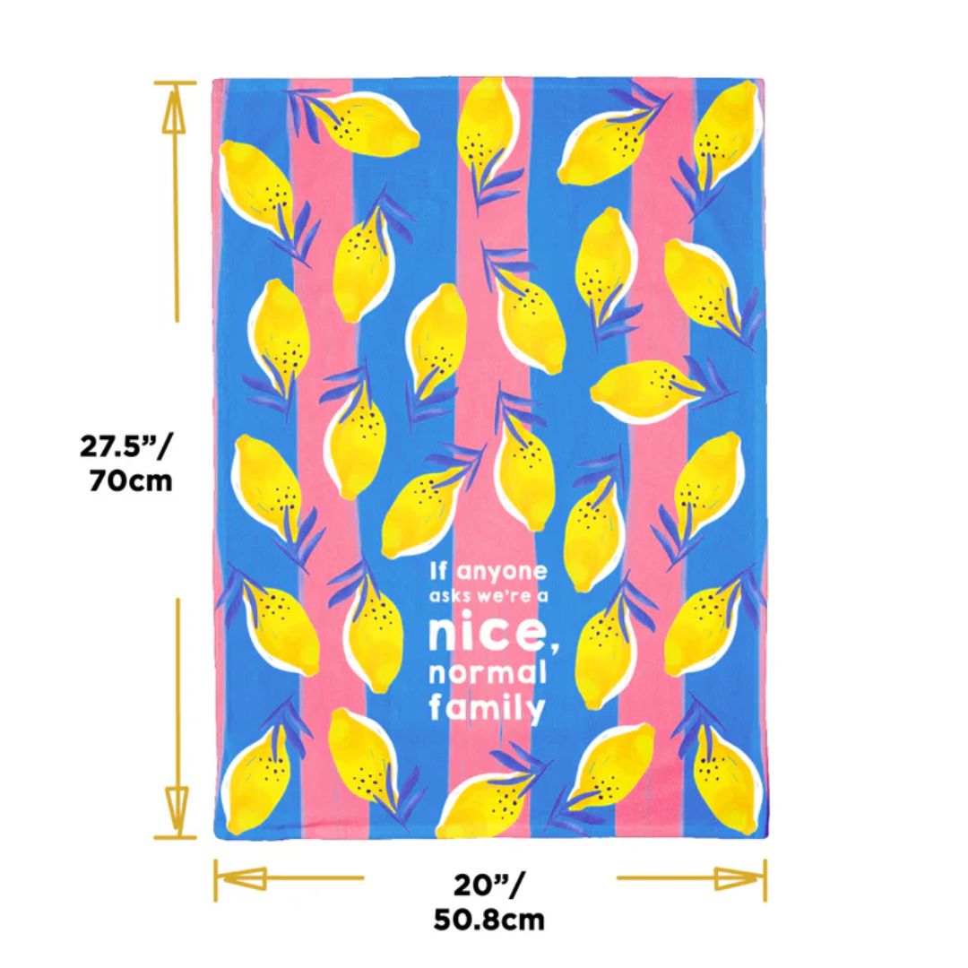 Towel with lemon pattern and text, shown with measurements on a white background