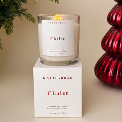 North+Rose Chalet candle with packaging on a neutral background
