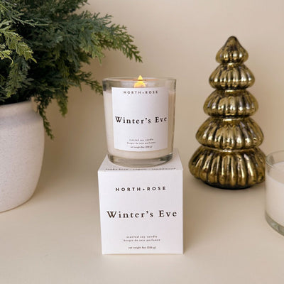 Candle labeled 'Winter's Eve' by North Rose with packaging, potted plant, and decorative tree on a neutral background
