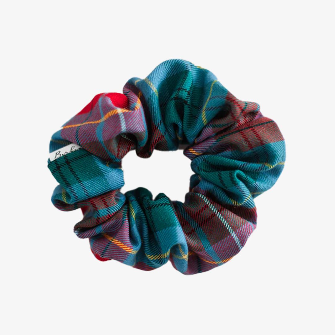 Plaid patterned scrunchie on a white background
