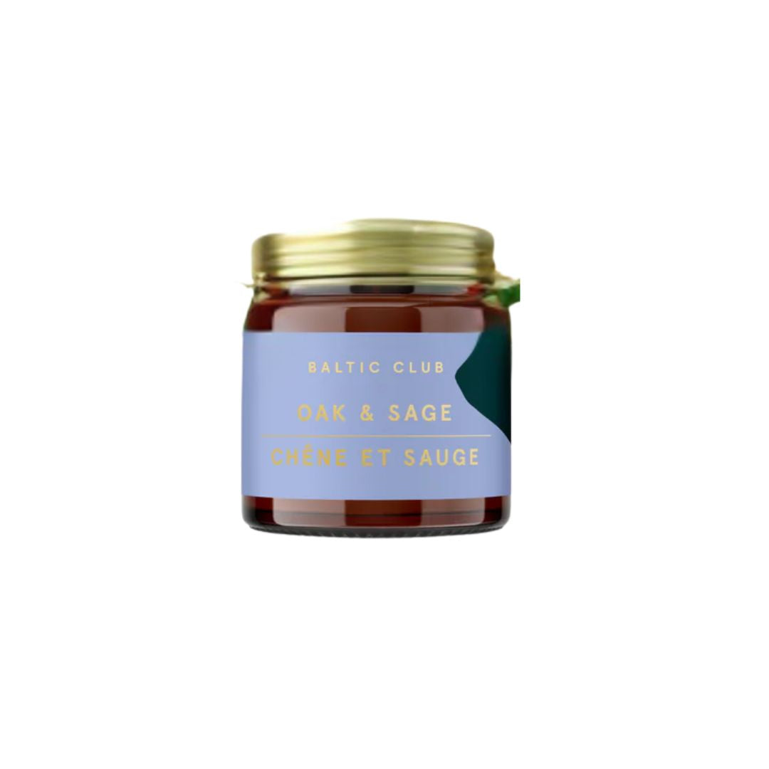 Jar of 'Oak & Sage' spread with a blue label on a white background