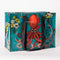 A rectangular shoulder tote bag with black handles, featuring a large red octopus with swirling tentacles against a teal background, surrounded by yellow and white flowers.