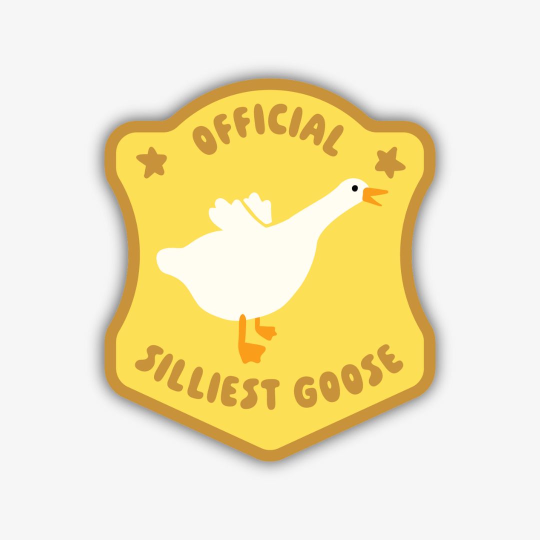A humorous badge-shaped sticker with a gold and black outline, featuring a cartoon white goose with an orange beak and feet, looking silly. Above the goose, it reads "OFFICIAL" and below, "SILLIEST GOOSE", with two small stars on either side of "OFFICIAL".