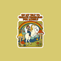 Sticker with a cartoon character riding a unicorn, rainbow, and text on a beige background