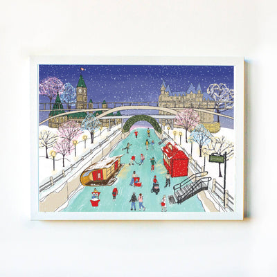 Illustration of a snowy city scene with people, boats, and a bridge.