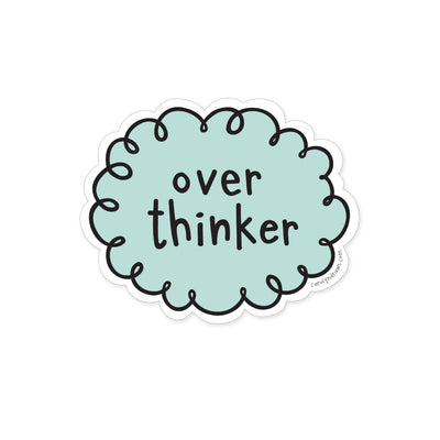 Sticker with 'over thinker' text on a light blue circle with a white border