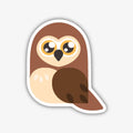 A cute cartoon owl sticker with a brown and cream body, large yellow eyes with black pupils, and a small black beak. It has a fluffy chest and a dark brown wing on the side, all outlined with a thick black border.