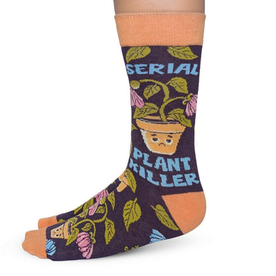 Sock with 'Serial Plant Killer' design on a white background