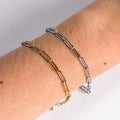 Two chain bracelets on a wrist against a neutral background