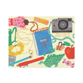 Colorful illustration of baby items with a 'Welcome to Parenthood' camera on a beige background