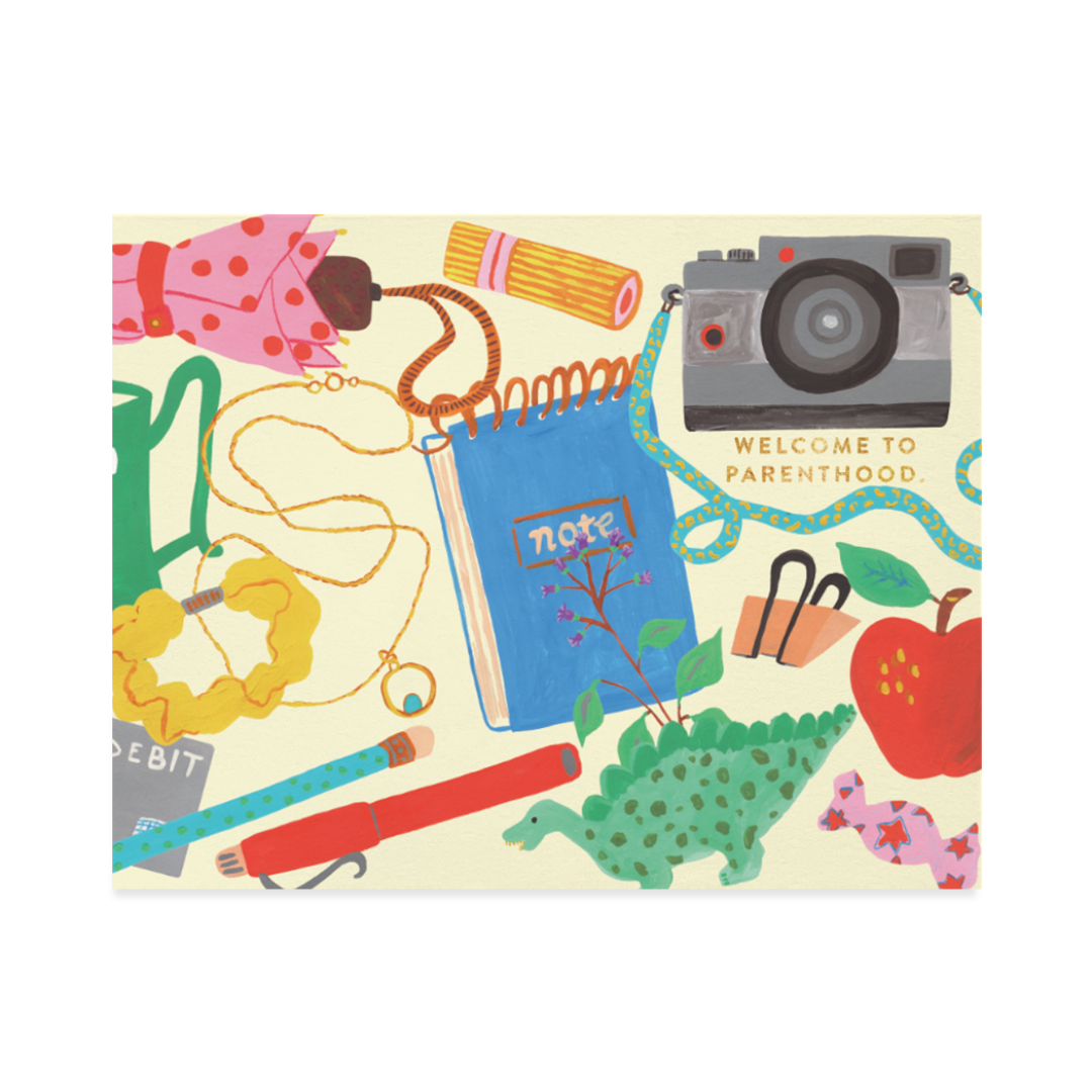 Colorful illustration of baby items with a 'Welcome to Parenthood' camera on a beige background