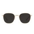 Gold-framed sunglasses with black lenses on a white background