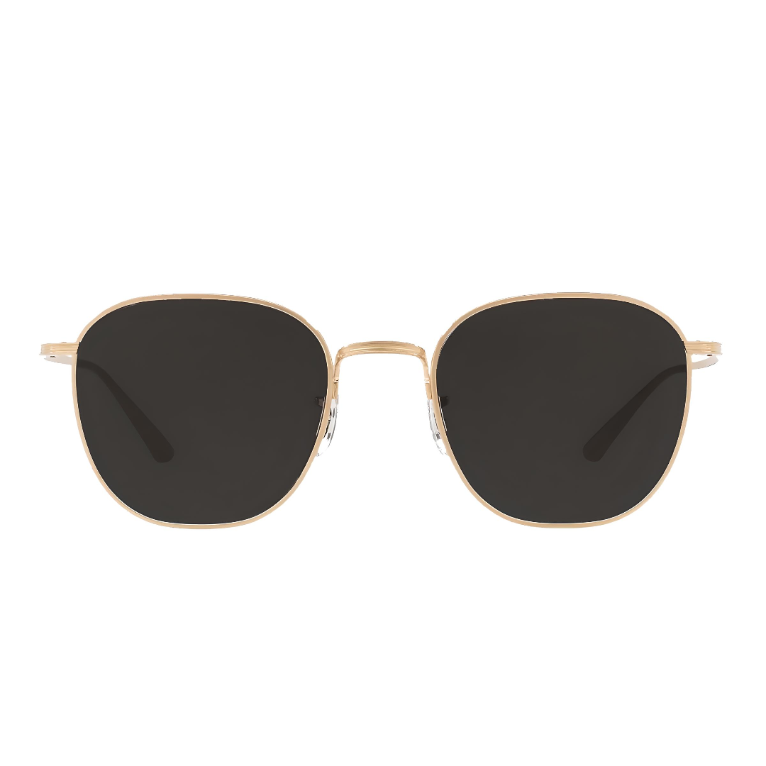 Gold-framed sunglasses with black lenses on a white background