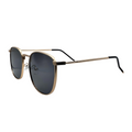 Gold-framed sunglasses with dark lenses on a white background