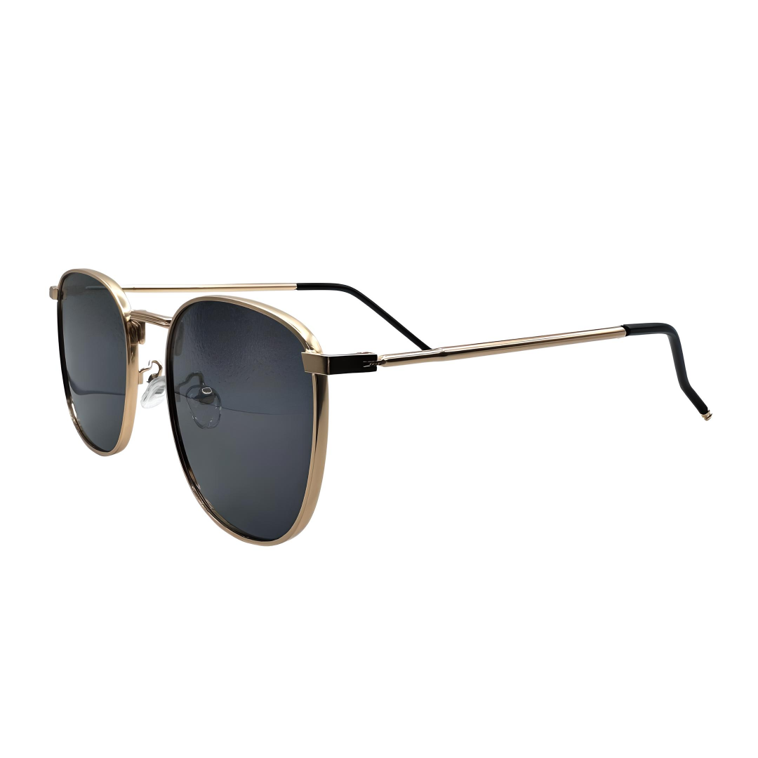 Gold-framed sunglasses with dark lenses on a white background