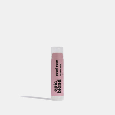 A white tube of Epic Blend Pearl Rose Tinted Lip Balm with a light pink label. The label displays the brand name, 