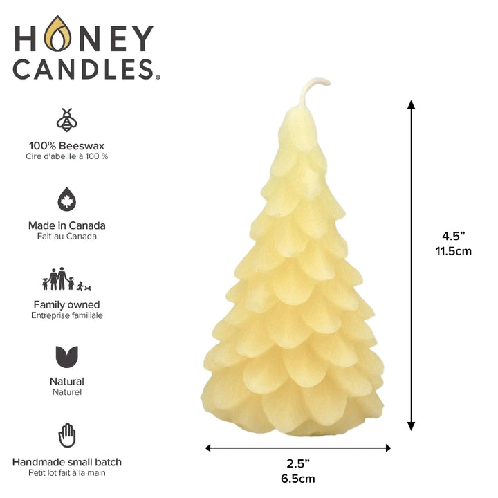 A white, beeswax candle shaped like a Christmas tree. The candle has detailed branches and a pointed top.
