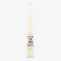 Two cream-colored beeswax candles are standing upright, tied together with a string. The candles have a label that says "HONEY CANDLES Pure Beeswax."