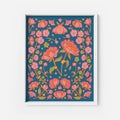Floral patterned print with pink flowers on a blue background
